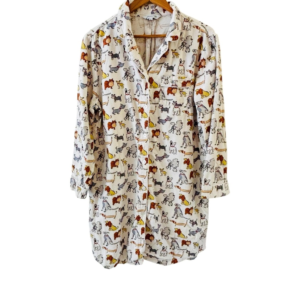 The Company Store Flannel Nightshirt Womens L White Dog Print Cozy Novelty